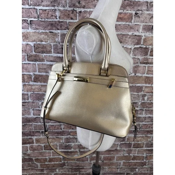 Calvin Klein Gold Metallic Pebbled Leather Satchel Crossbody Bag Convertible - Picture 4 of 16